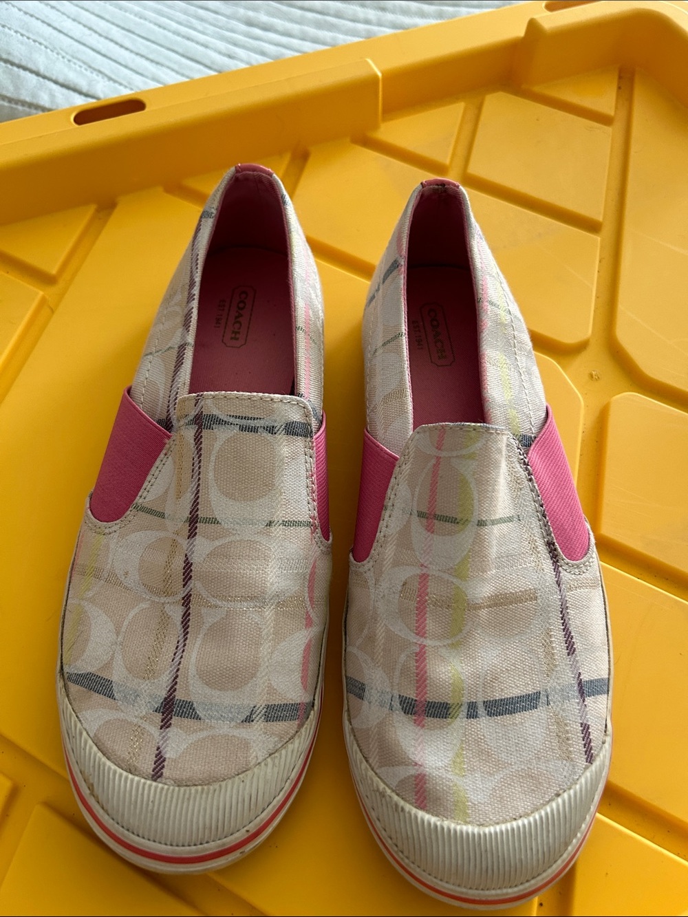 Coach Beige Signature Slip-On Sneakers with Pink Accents